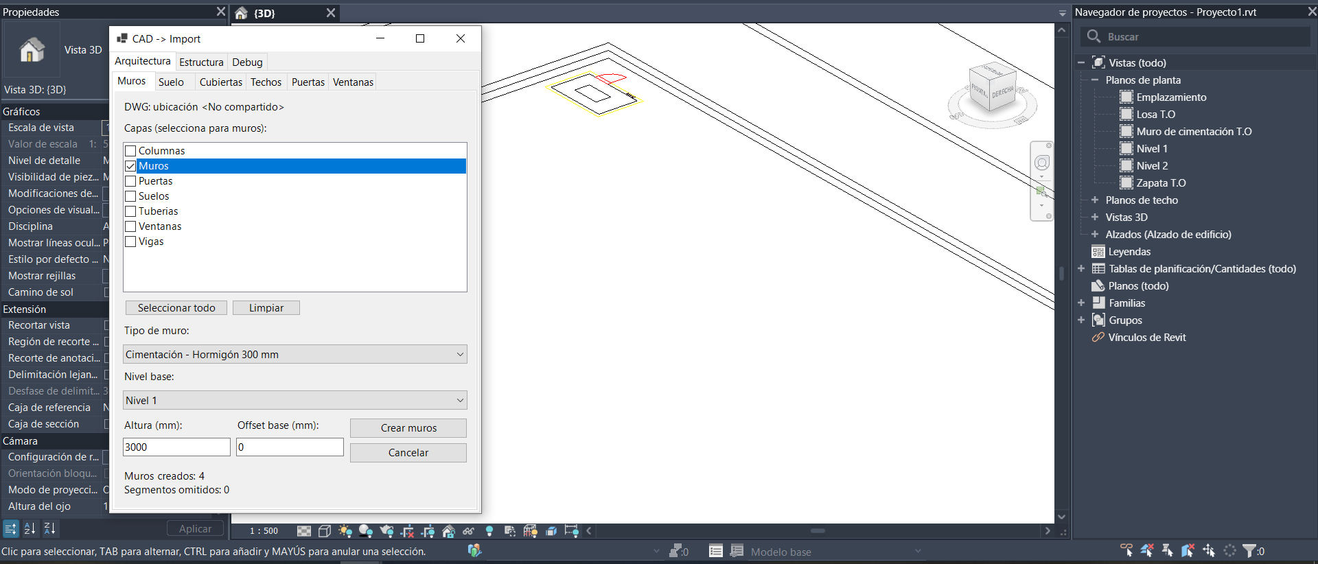 Interfaz inicial del add-in para modelado desde DWG (organizada por pestañas de especialidad, con selección por tipo, nivel, altura y offset, y detección automática de capas del archivo DWG)