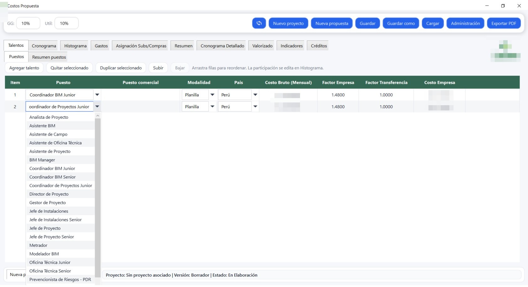 La pestaña Talentos muestra los puestos cargados desde una base de datos MySQL junto con su banda salarial.