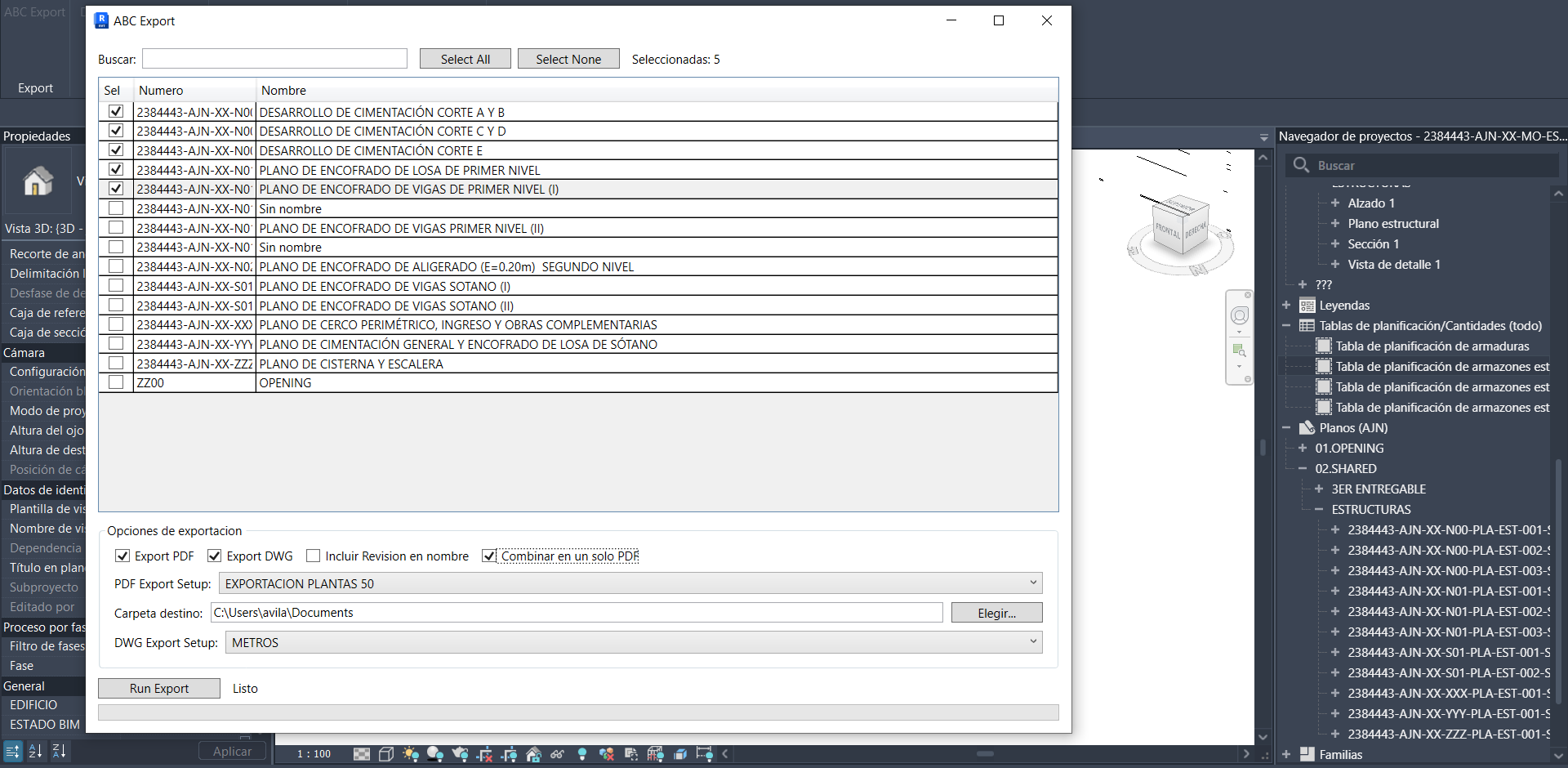 Selección de láminas para exportación en lote, con configuración de salida en DWG y PDF según el estándar del proyecto